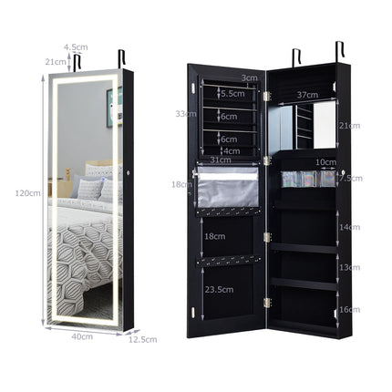 Hanging Jewelry Cabinet With LED Mirror, Black 120x40cm