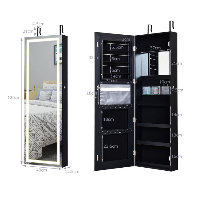 Hanging Jewelry Cabinet With LED Mirror, Black 120x40cm