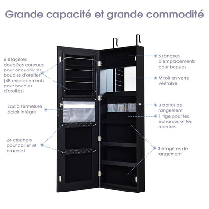 Hanging Jewelry Cabinet With LED Mirror, Black 120x40cm