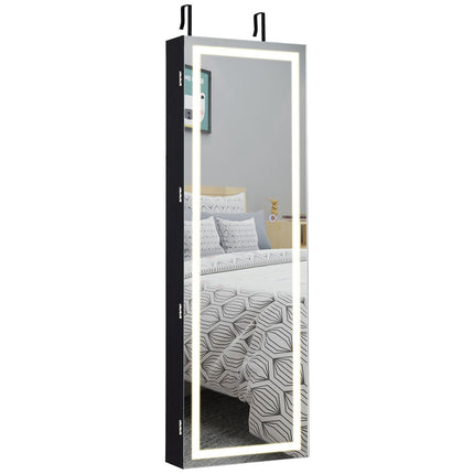 Hanging Jewelry Cabinet With LED Mirror, Black 120x40cm