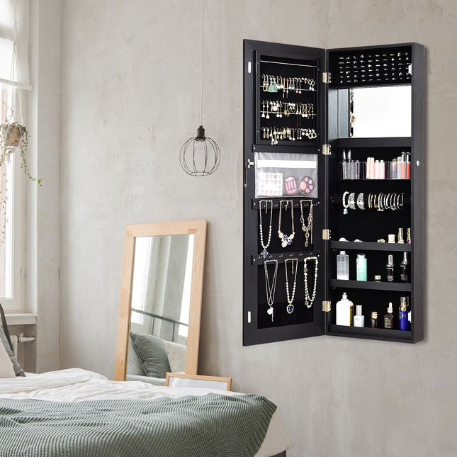 Hanging Jewelry Cabinet With LED Mirror, Black 120x40cm