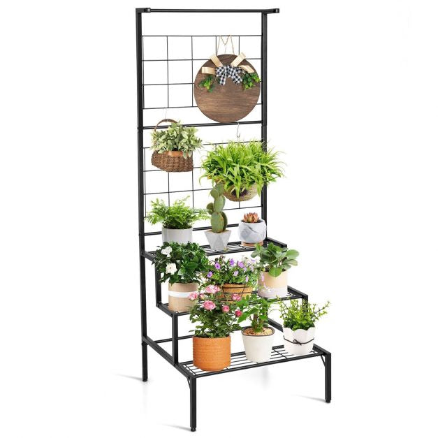 Hanging Plant Stand, 3-Tier Metal Shelves With Trellis