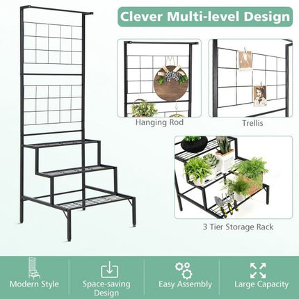 Hanging Plant Stand, 3-Tier Metal Shelves With Trellis