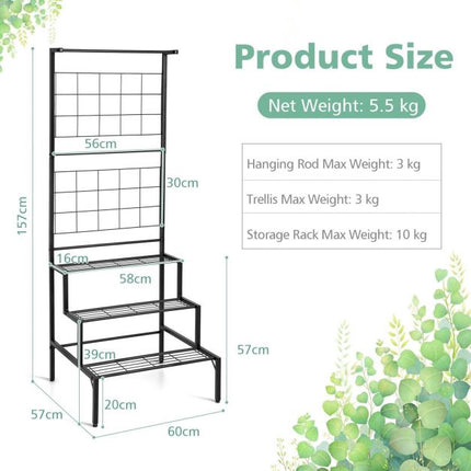 Hanging Plant Stand, 3-Tier Metal Shelves With Trellis