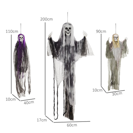 Hanging Skeleton Ghosts Set of 3, Adjustable Arms, 90/110/200cm