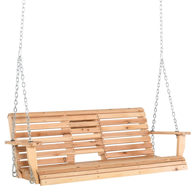 Garden swing bench with folding table and cup holder, spruce wood