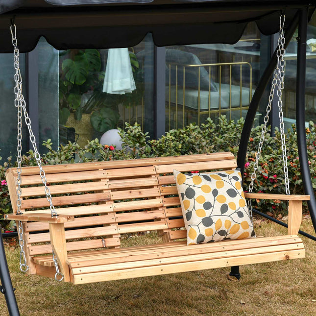 Garden swing bench with folding table and cup holder, spruce wood