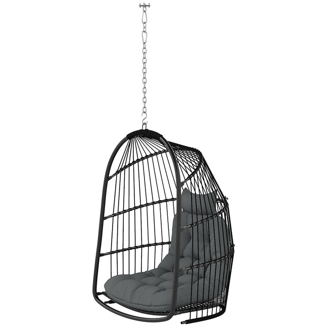 Hanging chair with poly rattan cushion, 150 kg capacity, dark grey