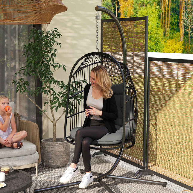 Hanging chair with poly rattan cushion, 150 kg capacity, dark grey