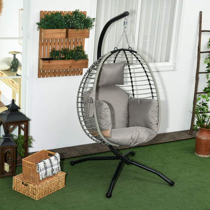 Hangstoel hangschommel met bekerzak klapzitmand hangstoel met kussen rotanlook draagvermogen tot 120 kg staalgrijs voor tuin & balkon