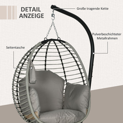 Hangstoel hangschommel met bekerzak klapzitmand hangstoel met kussen rotanlook draagvermogen tot 120 kg staalgrijs voor tuin & balkon