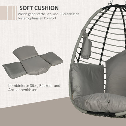 Hangstoel hangschommel met bekerzak klapzitmand hangstoel met kussen rotanlook draagvermogen tot 120 kg staalgrijs voor tuin & balkon