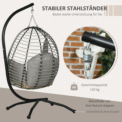 Hangstoel hangschommel met bekerzak klapzitmand hangstoel met kussen rotanlook draagvermogen tot 120 kg staalgrijs voor tuin & balkon