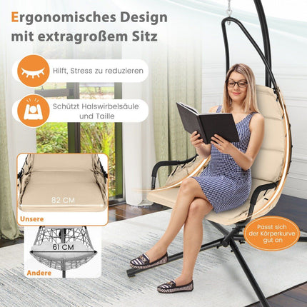 Hanging chair with frame &amp; Extra Large Padded Seat &amp; Robust metal frame hammock beige