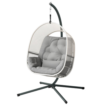 Egg-shaped hanging rocking chair with stand, cushions - light grey