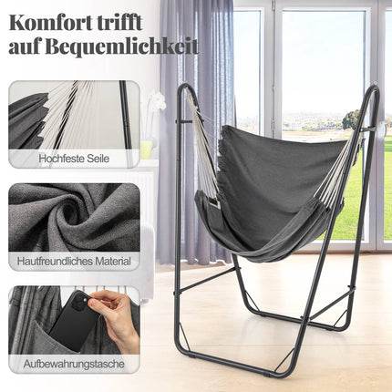 Hanging chair with frame, grey, cotton-polyester, 120 kg load capacity