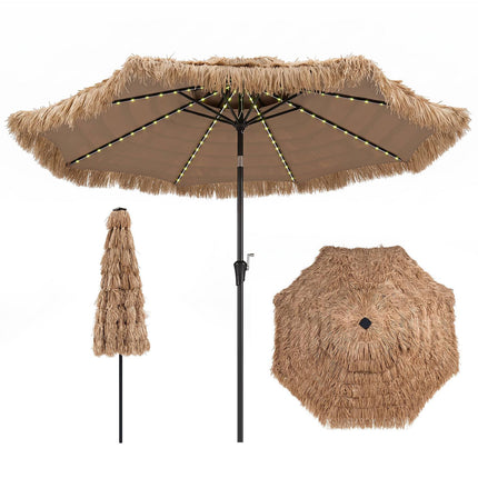 Hawaiian Straw Parasol, 290 cm, Tiltable with Solar LED