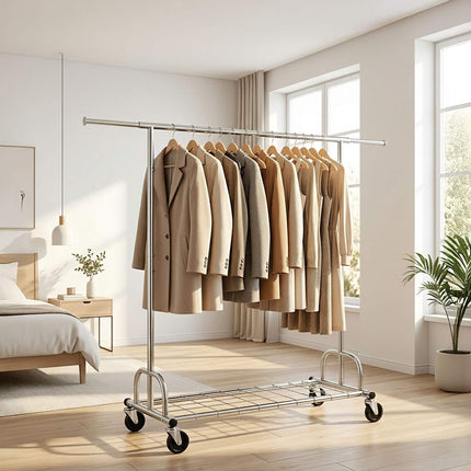 Heavy-Duty Chrome Clothes Rack with Wheels and Shelf