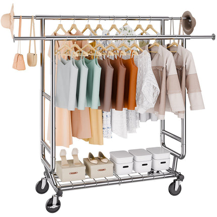 Heavy Duty Clothes Rack, Double Rod, Adjustable, Rolling
