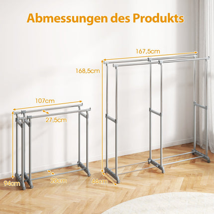 Heavy-Duty Double Rod Clothes Rack, Adjustable Height & Width