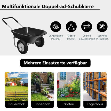 Heavy-Duty Garden Wheelbarrow, 2 Wheels, 145x65x65 cm, Black