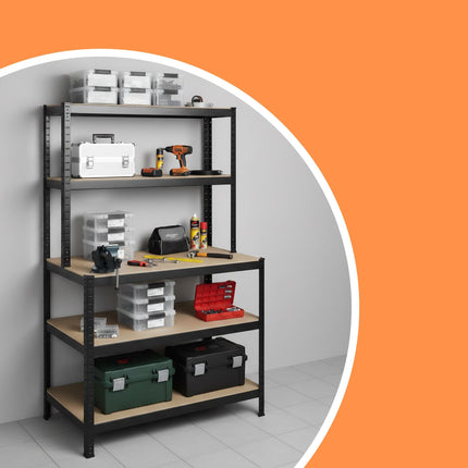 Heavy-Duty Shelving Unit with Workbench