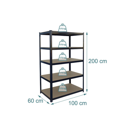 Heavy-Duty Steel Rack, 5 Adjustable Shelves, Black