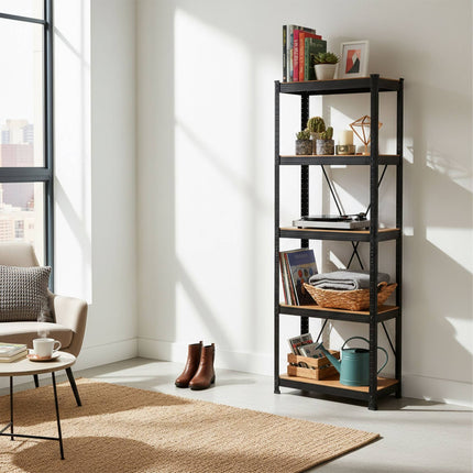 Heavy-Duty Steel Rack, 5 Adjustable Shelves, Black