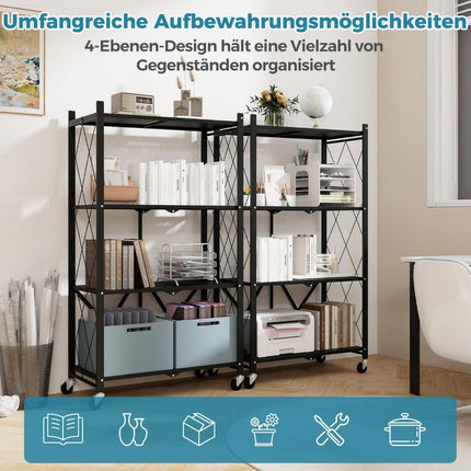 Heavy-duty folding shelf, 4 levels, standing shelf with lockable wheels, black, 71 x 34 x 126 cm