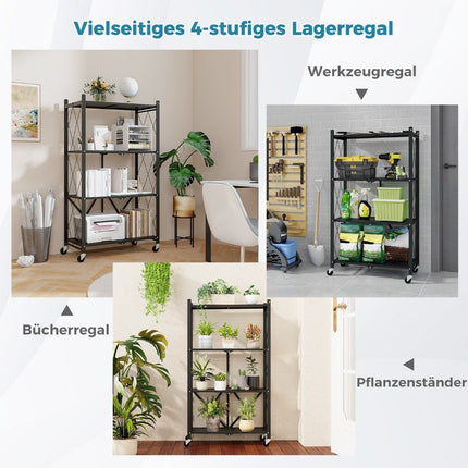 Heavy-duty folding shelf, 4 levels, standing shelf with lockable wheels, black, 71 x 34 x 126 cm