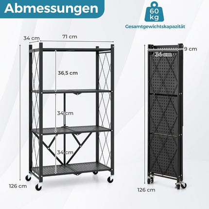Heavy-duty folding shelf, 4 levels, standing shelf with lockable wheels, black, 71 x 34 x 126 cm