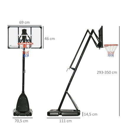 Adjustable steel basketball stand, 293-350 cm, with wheels