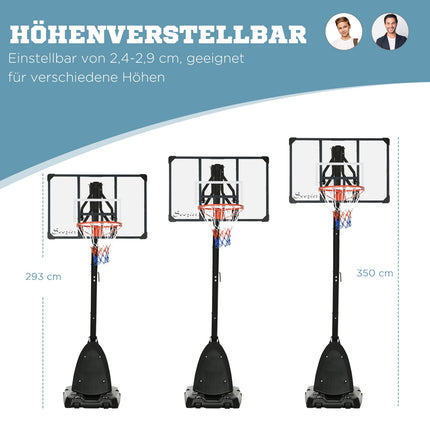 Adjustable steel basketball stand, 293-350 cm, with wheels