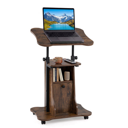 Height-Adjustable Brown Lectern with Storage and Casters