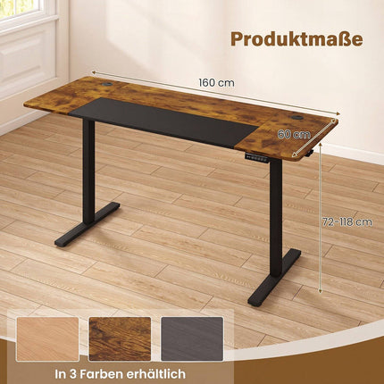 Height Adjustable Desk, Metal Frame, 160x60 cm, Brown