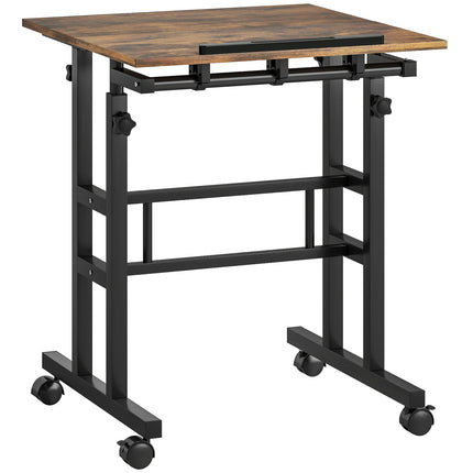 Height-Adjustable Desk with Shelf & Wheels, Rustic Brown