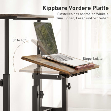Height-Adjustable Desk with Shelf & Wheels, Rustic Brown