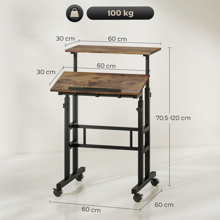 Height-Adjustable Desk with Shelf & Wheels, Rustic Brown