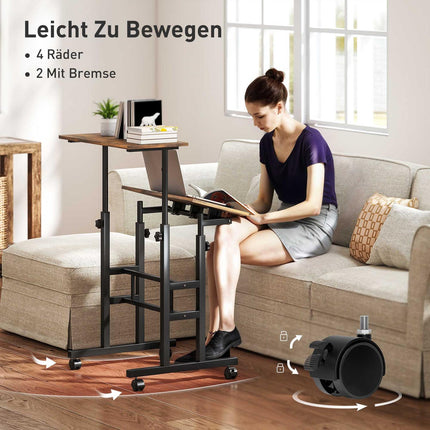 Height-Adjustable Desk with Shelf & Wheels, Rustic Brown