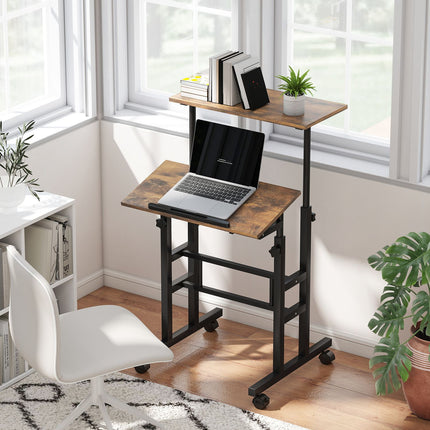 Height-Adjustable Desk with Shelf & Wheels, Rustic Brown