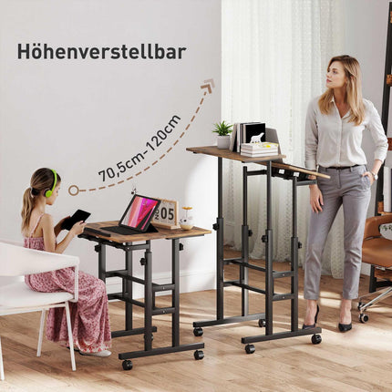Height-Adjustable Desk with Shelf & Wheels, Rustic Brown