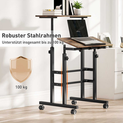 Height-Adjustable Desk with Shelf & Wheels, Rustic Brown