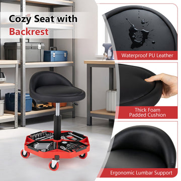 Height Adjustable Garage Stool with PU Leather Seat, Black/Red