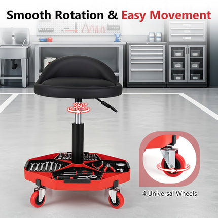Height Adjustable Garage Stool with PU Leather Seat, Black/Red