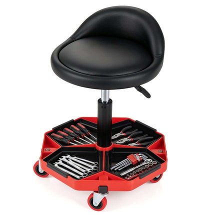 Height Adjustable Garage Stool with PU Leather Seat, Black/Red