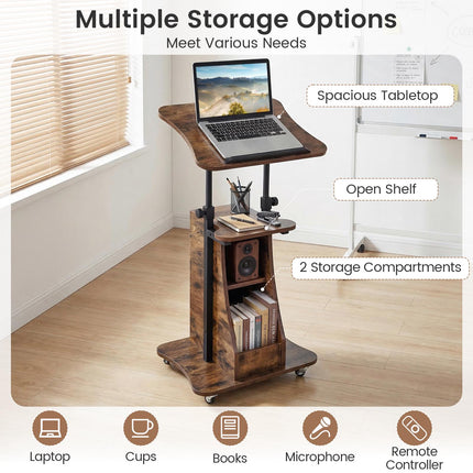 Height-Adjustable Mobile Laptop Cart, Tilt Top, Storage, White