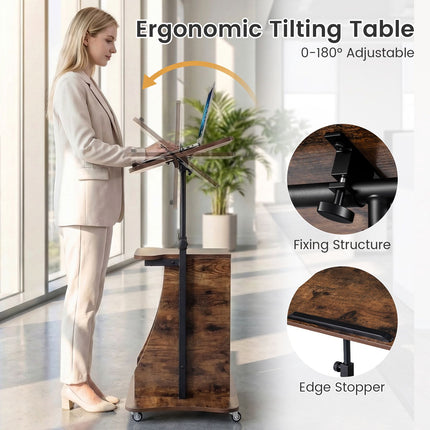 Height-Adjustable Mobile Laptop Cart, Tilt Top, Storage, White