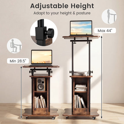 Height-Adjustable Mobile Laptop Cart, Tilt Top, Storage, White