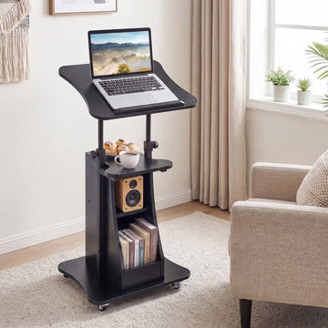 Height-Adjustable Mobile Lectern with Tilting Top, Black