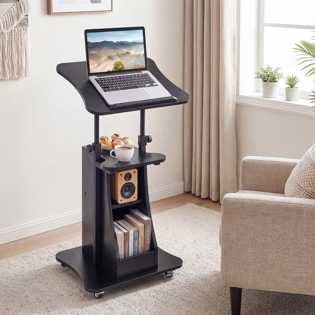 Height-Adjustable Mobile Lectern with Tilting Top, Black
